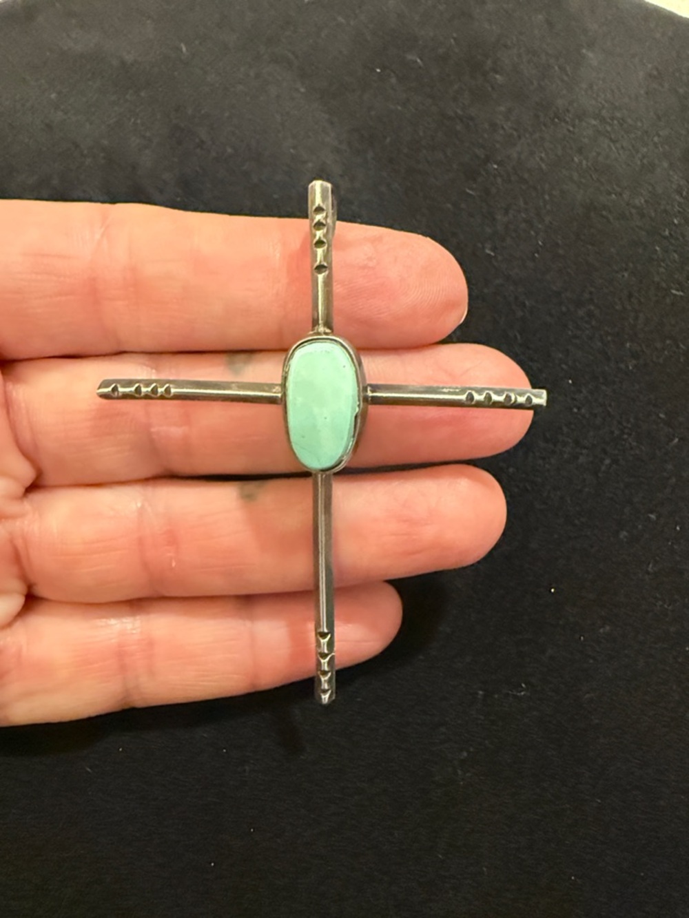Sterling Silver Turquoise Cross Pendant - Light Blue Green Stone